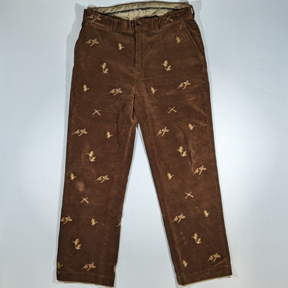 Vintage Polo Ralph Lauren Brown Corduroy Embroidered Duck Pants Sz 34x34 Rare